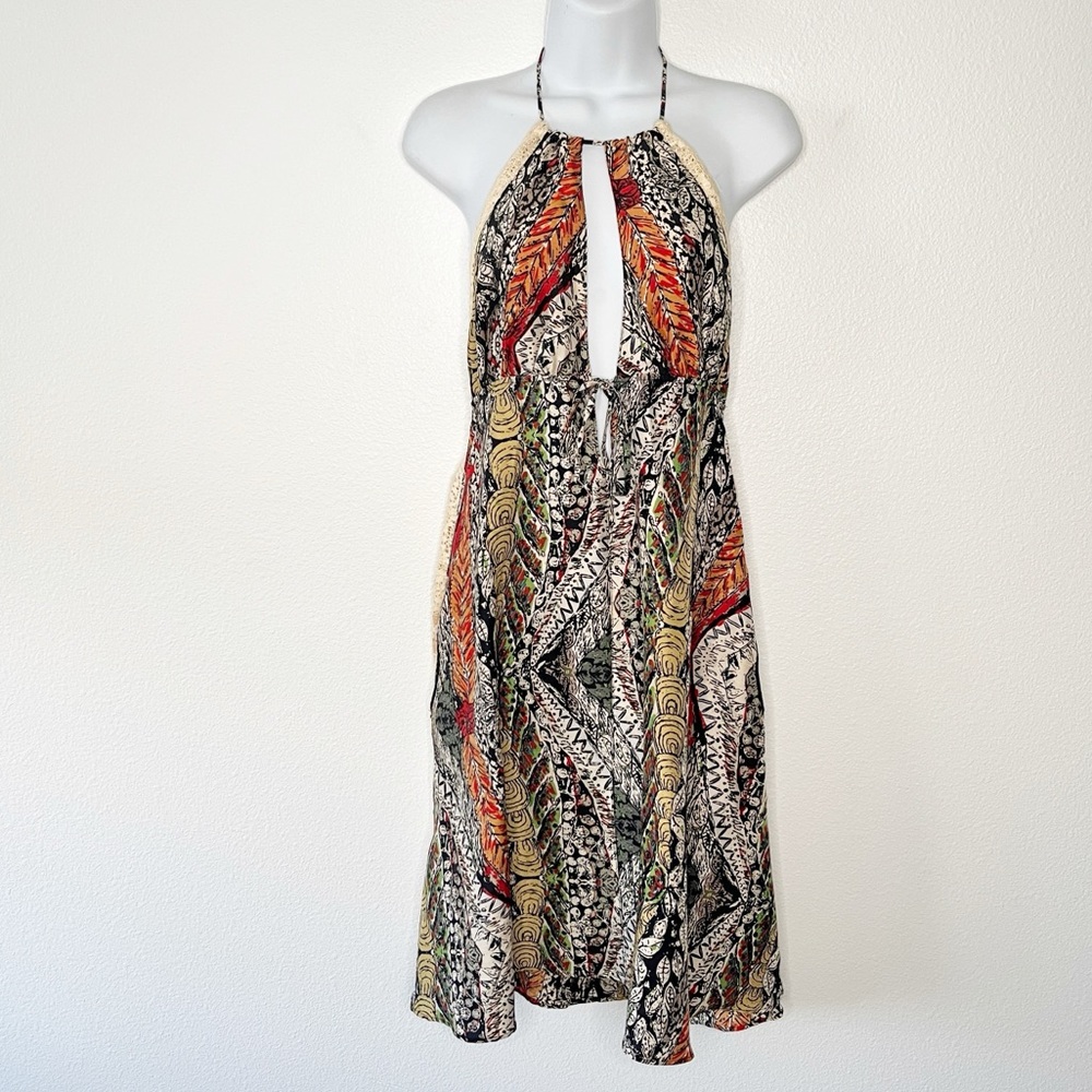 Y2K LaRok Halter Printed Open Back Sexy Sun Dress Silk Size Large Vintage Fairy